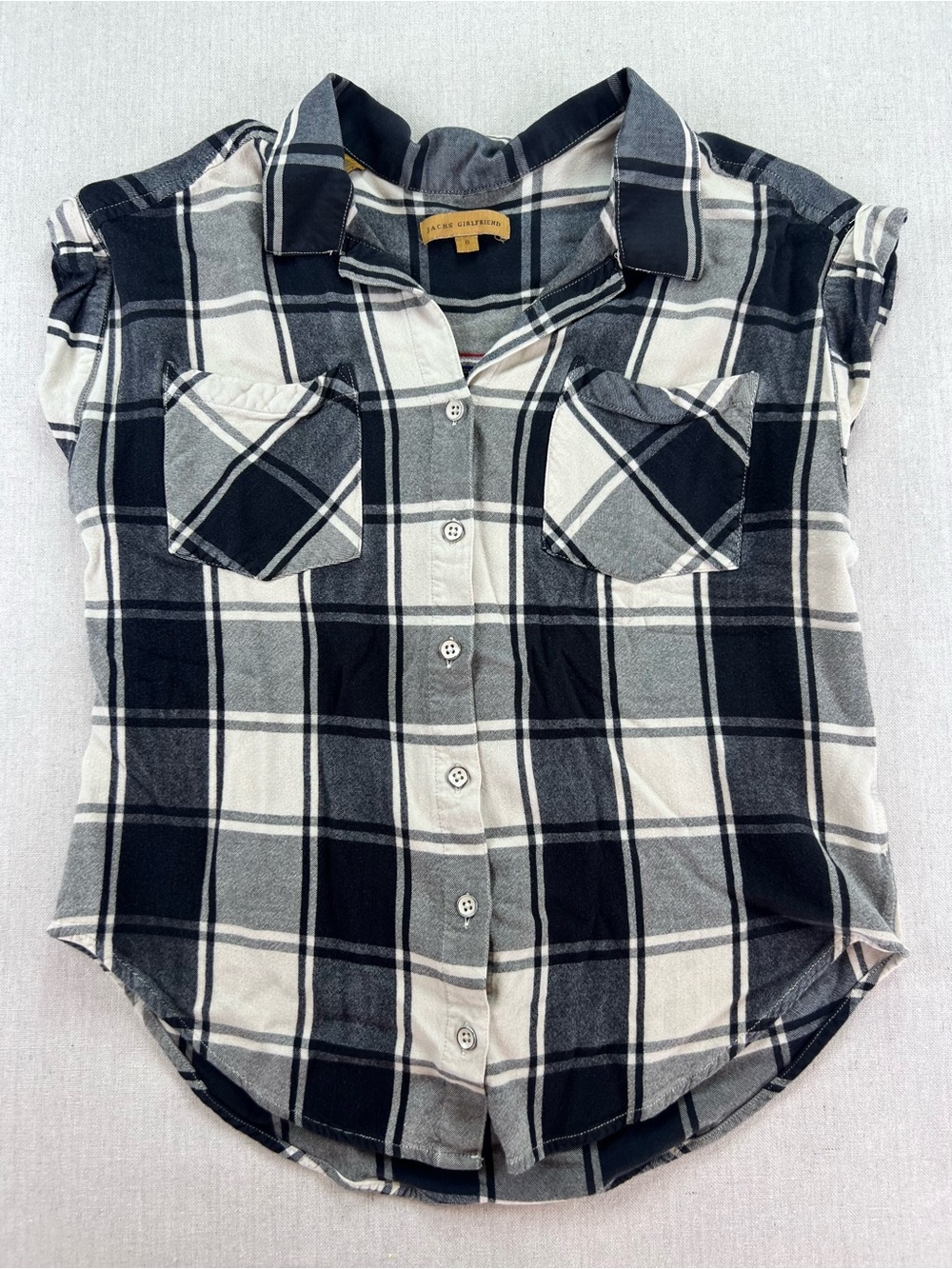 Women's Black & White Plaid Button-Up Soft, Comfy, Everyday Short Sleeve Shirt S